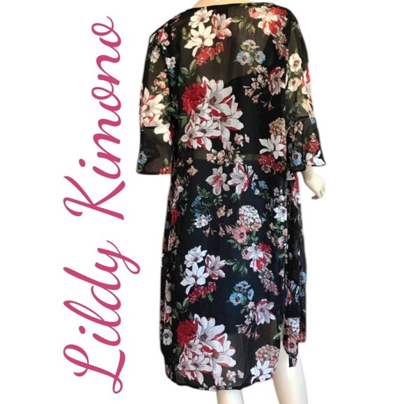 LILDY DARK FLORAL OPEN TIE FRONT KIMONO DUSTER SEMI-SHEER FLUTTER SLEEVE, MEDIUM - Picture 7 of 9